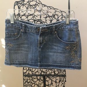 Express Denim Mini Skirt With Gold Embroidery.